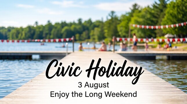 Civic holiday celebration on wooden dock by lake with people with festive flags background relaxing festive relaxation