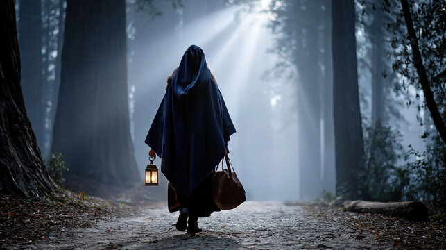 Mysterious forest woman lantern cloak fog path night journey fantasy light cinematic wanderer moves along foggy forest path lantern glow and dreamy moonbeam ray creating serene magical night