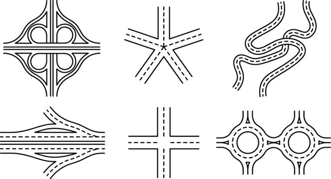 Road Intersection and Highway Map Icon Set with Cloverleaf Interchange, Roundabout, Winding Streets, and Crossroads Vector Illustrations