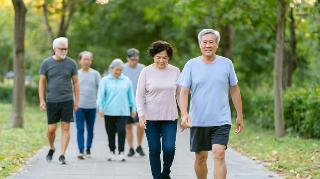 A group of older adults walking together on a paved path through a green park during daylight