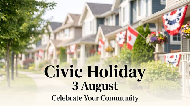 Suburban street decorated with patriotic flags celebrating civic holiday on the third of august in summer season