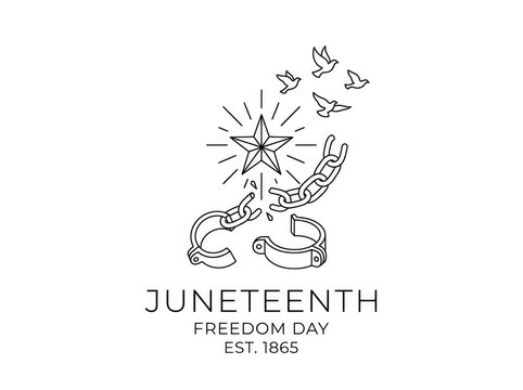 A graphic design features a stylized illustration of a starburst with chains breaking free, releasing several birds.