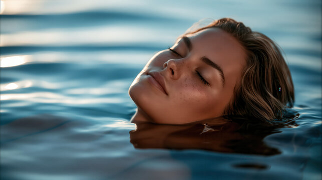 Woman ocean water portrait serene relaxation sunset floating calm skincare Cinematic ocean portrait of young woman floating tranquil water sunset, peaceful face above gentle wave surface