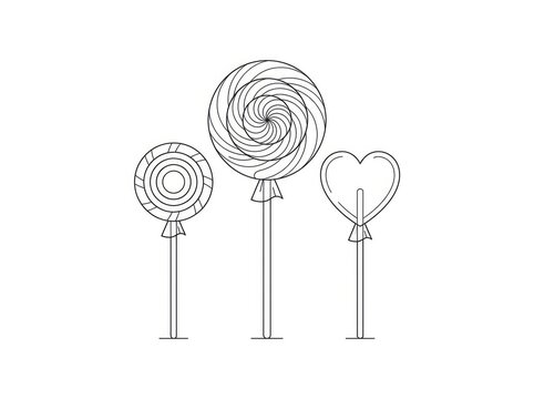 Three lollipops stand upright on thin sticks. The lollipops have spiral patterns and a heart shape on one.