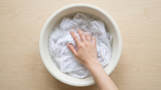 Hand washing delicate white laundry in a basin with soapy water for gentle fabric care and stain removal at home