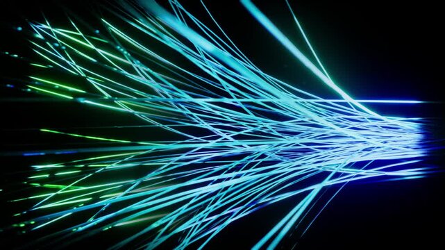CGI of cyan-blue fiber optic cables twisting in the dark. Light trails represent data flow and connectivity. Ideal for technology, AI, and science. Rendered in Unreal Engine.