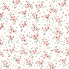 Fototapeta premium Delicate Watercolor Pink Wildflower Seamless Floral Pattern-Pure White
