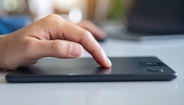 A close-up of a hand navigating with a wireless trackpad device surface