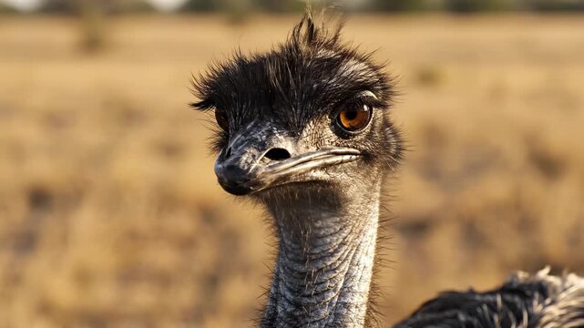 A curious emu with intense brown eyes gazes steadily at the camera while standing in a dry grassy meadow during a bright sunny afternoon walk through the vast Australian wilderness bush
