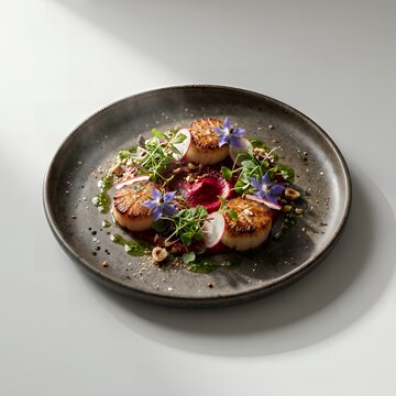 Gourmet Pan Seared Scallops Served with Beetroot Puree, Microgreens and Edible Flowers on Dark Plate