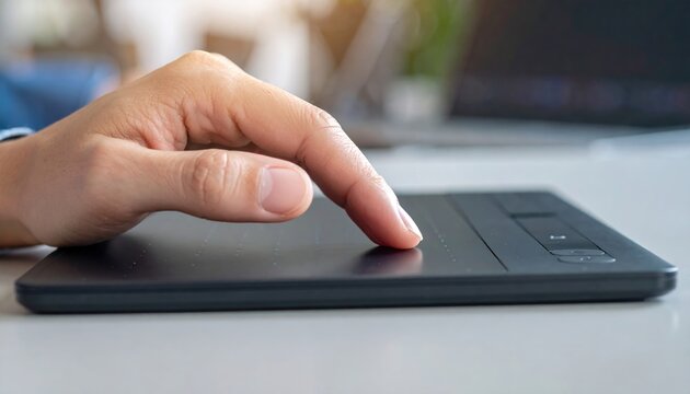 A close-up of a hand navigating with a wireless trackpad device surface area