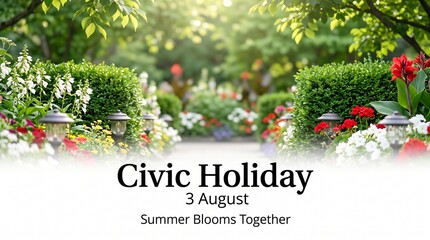 Civic holiday celebration featuring vibrant summer garden blooms and decorative pathway lighting in august sunlight