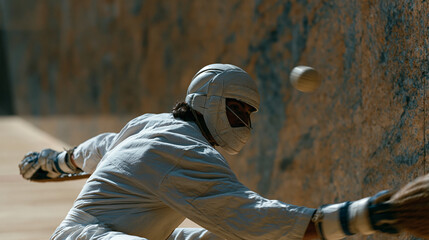 Fototapeta premium Jai alai player in a traditional cesta glove scooping the pelota off a granite front wall, the speed blur of the ball mid-rebound, the long narrow cancha stretching behind in a