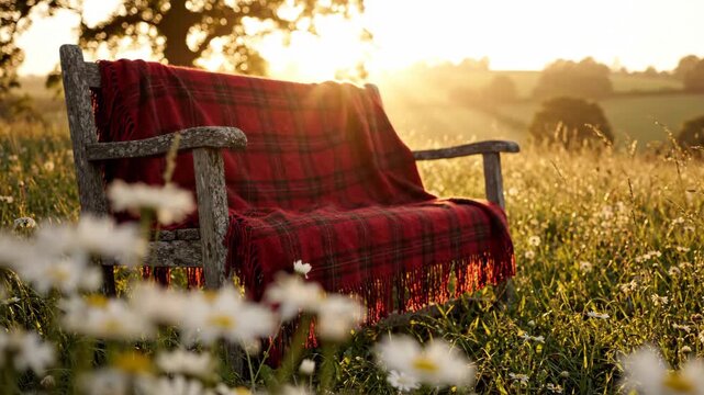 Rustic wooden bench with tartan blanket glowing in golden sunset field for lifestyle and nature content