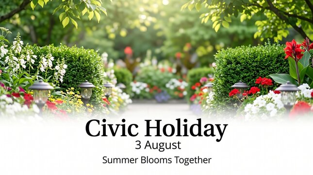 Civic holiday celebration featuring vibrant summer garden blooms and decorative pathway lighting in august sunlight