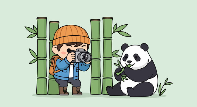 Cute Cartoon Photographer Captures Adorable Panda Eating Bamboo.