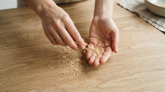 Close up of female hands sprinkling crushed nuts or breadcrumbs on a wooden kitchen table for cooking preparation