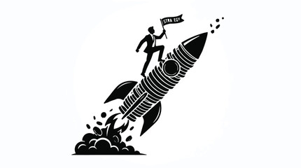 Fototapeta premium Business success concept: businessman climbing rocket ship holding flag, symbolizing startup growth and achievement