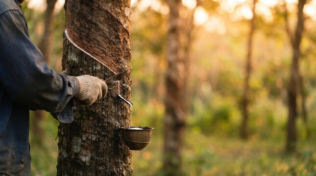 Rubber Tapper Harvesting Natural Latex From Hevea Brasiliensis Tree in Plantation at Sunrise for Sustainable Industry