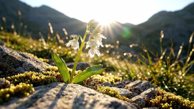 White alpine flower blooming among rocks with sunlight in mountain landscape for nature and ecology content