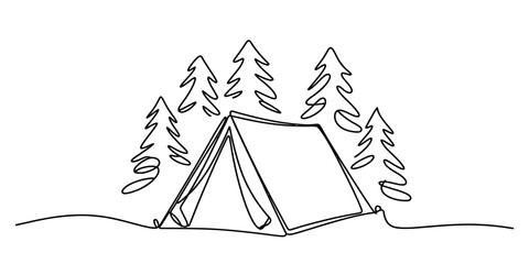 Continuous single line drawing of a camping tent in a forest of pine trees for outdoor travel and adventure lifestyle concept Vector, illustration © ARICK 