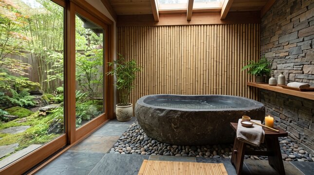Luxury Japanese Zen Bathroom with Carved Stone Tub and View of Lush Green Garden