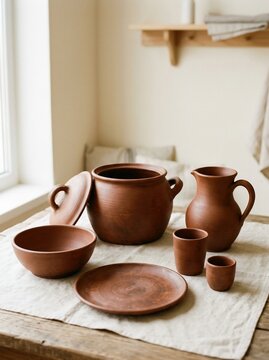 handmade ceramic pottery set on rustic linen table