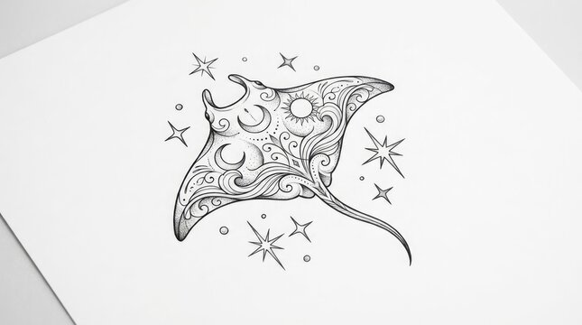 Celestial stingray line art with stars on white paper.