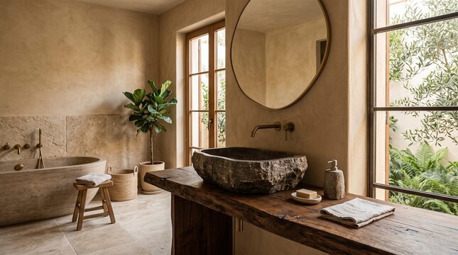 Luxury Minimalist Stone Bathroom Interior with Rustic Wood Vanity and Round Mirror in a Natural Light Atmosphere