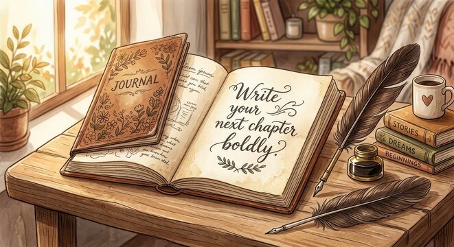 Vintage journaling scene with open book, quill pen, inkwell, and stacked books, conveying creativity and inspiration.