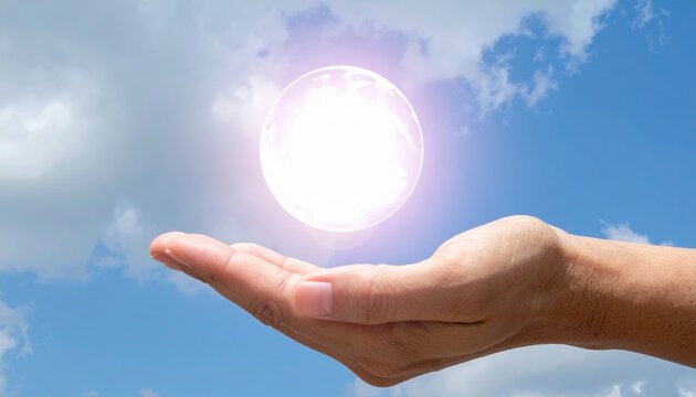 An outstretched palm presenting a floating light orb with 2027
