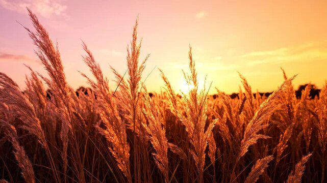 Golden wheat grass swaying in summer sunset field for nature and agriculture content