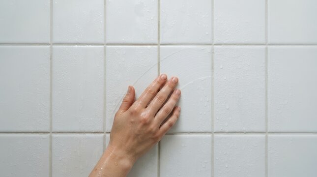 Close up of a young woman hand touching a wet white tiled wall in a bathroom shower for hygiene and skincare concept