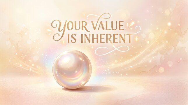 Elegant pearl on soft background with inspirational text 'Your Value Is Inherent', promoting self-worth and inner beauty