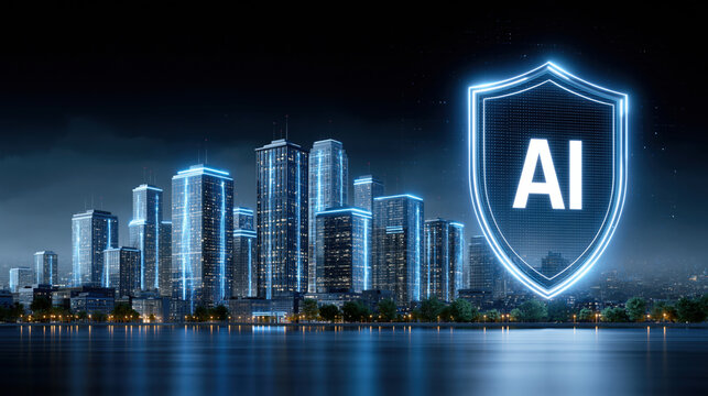 AI digital city skyline night illuminated with glowing shield symbol denoting cybersecurity and data protection, futuristic atmosphere and calm