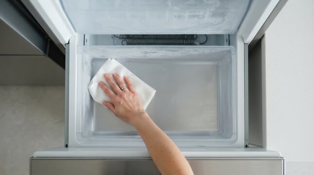 Woman cleaning freezer drawer with white cloth for kitchen hygiene maintenance and appliance care
