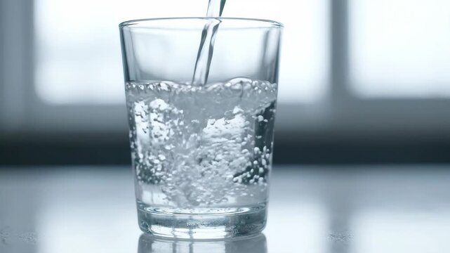 Clear glass filling with pouring water on table for hydration and health content