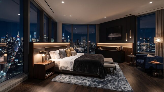 Luxury modern penthouse bedroom interior with panoramic night city skyline view