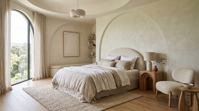 Minimalist modern bedroom interior design with arched wall niche and neutral beige tones