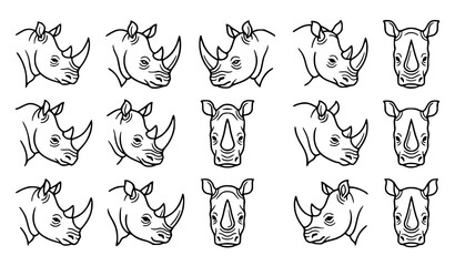 Rhino Head Line Art Collection with Stylized Profile and Frontal Wildlife Illustrations © Icon Zone
