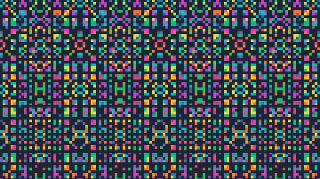 Retro pixel art background. Colorful 8-bit digital grid pattern for gaming design.