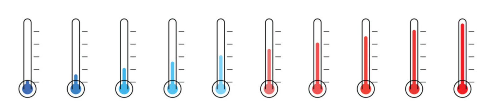 row of thermometers showing rising temperature levels. blue cold to red hot mercury scale. glass tube gauges with measurement marks. flat simple illustration on white
