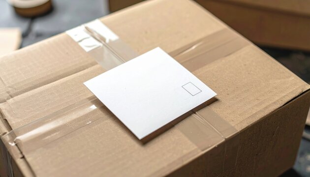 A pristine mockup of a blank square label on a cardboard parcel package wrap tape line roll seal stamp