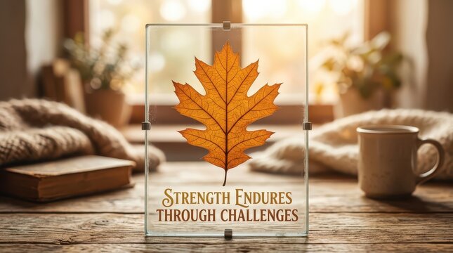 Autumn Leaf in Glass Frame with Inspirational Quote, Cozy Scene with Book and Mug, Symbolizing Resilience and Strength
