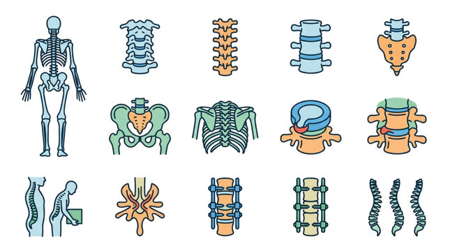 Human Anatomy Spinal Column and Skeleton Illustrations.