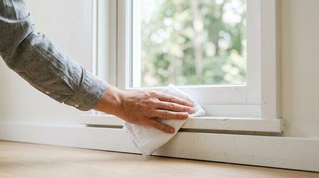 Person cleaning white window sill with cloth for home maintenance and spring cleaning chores