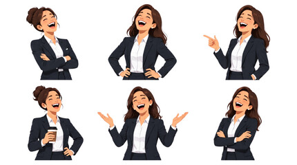 Obraz premium Laughing Businesswoman Flat Illustration Set, Six Happy Professional Female Character Poses for Office, Corporate, Success and Workplace Concepts.