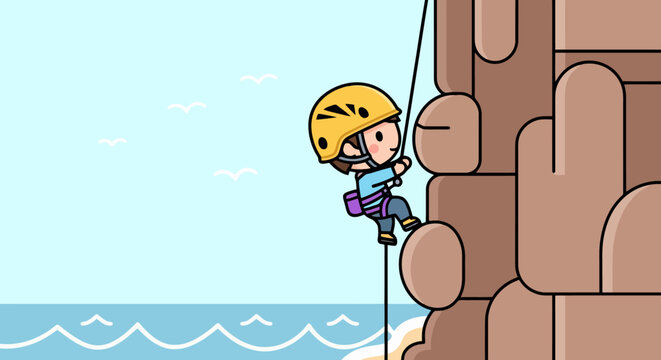 Cartoon character rappelling down a cliff face.