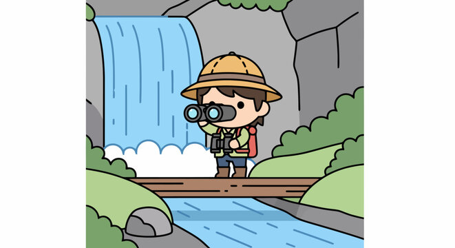 Cute cartoon explorer with binoculars on a bridge.
