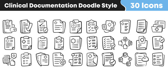 Fototapeta premium Set of hand drawn clinical documentation icons in doodle style